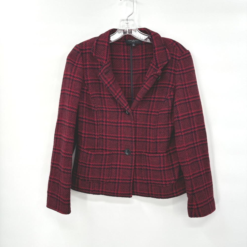 Talbots Petites Red Black‎ Plaid Wool Blend Blazer Jacket Size 2P